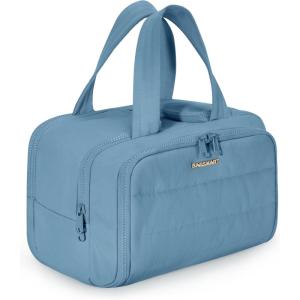 BAGSMART Travel Toiletry Bag, Lightweight Large Wide-open Travel Bag for Women, Puffy Cosmetic Makeup Bag Organizer with Handle for Accessories,Essentials, Toiletries, Black(h-Steel Blue)