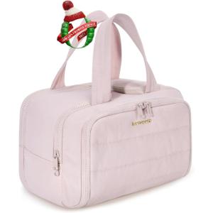 BAGSMART Travel Toiletry Bag, Lightweight Large Wide-open Travel Bag for Women, Puffy Cosmetic Makeup Bag Organizer with Handle for Accessories,Essentials, Toiletries, Black(d-Pink)