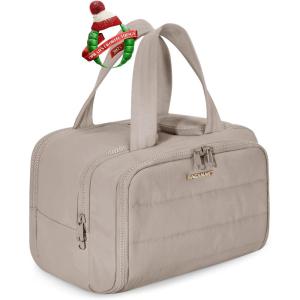 BAGSMART Travel Toiletry Bag, Lightweight Large Wide-open Travel Bag for Women, Puffy Cosmetic Makeup Bag Organizer with Handle for Accessories,Essentials, Toiletries, Black(c-Grayish Brown)
