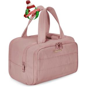 BAGSMART Travel Toiletry Bag, Lightweight Large Wide-open Travel Bag for Women, Puffy Cosmetic Makeup Bag Organizer with Handle for Accessories,Essentials, Toiletries, Black(Dark Pink)