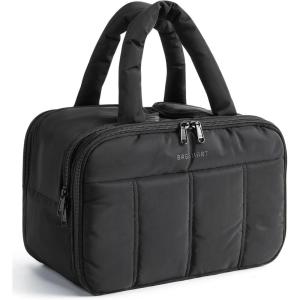 BAGSMART Travel Toiletry Bag, Puffy Large Toiletry Bag for Women, Lightweight Cosmetic Makeup Bag Organizer with Handle for Traveling, Accessories, Essentials, Toiletries (Black)(B-Black)