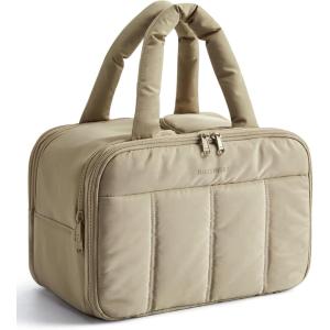 BAGSMART Travel Toiletry Bag, Puffy Large Toiletry Bag for Women, Lightweight Cosmetic Makeup Bag Organizer with Handle for Traveling, Accessories, Essentials, Toiletries (Black)(D-Light Camel)