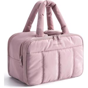 BAGSMART Travel Toiletry Bag, Puffy Large Toiletry Bag for Women, Lightweight Cosmetic Makeup Bag Organizer with Handle for Traveling, Accessories, Essentials, Toiletries (Black)(G-Purple)