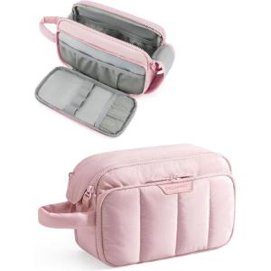BAGSMART Travel Toiletry Bag for Women, Wide-open Makeup Bag Organizer, Puffy Make Up Case, Large Capacity Cosmetic Organizer for Women for Travel Essentials Toiletries Accessories Bottles(Black)(Pink)
