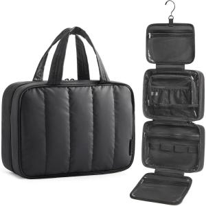 BAGSMART Travel Toiletry Bag for women, Portable Hanging Hook Makeup Bag Organizer, Waterproof Makeup Cosmetic Bag, for Full-Size Accessories, Toiletries, Camel(Black)