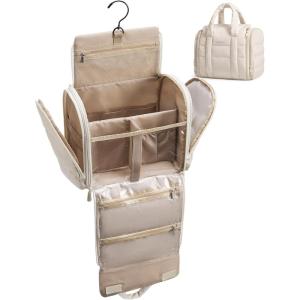BAGSMART Travel Toiletry Bag with Removable Partition, Puffy Water-resistant Fabric Hanging Organizer for Full-Size Toiletries, Accessories, Black(Beige)