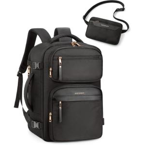 BAGSMART Womens Backpack Carry On Flight Approved, Travel Backpack for Women with Waist Bag, Traveling Lightweight Weekender Casual Daypack 17.3″ Laptop Work Back pack Personal Item Travel Bag, Black(Black)