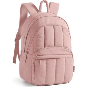 BAGSMAT Womens Backpack Travel Laptop Backpack for Women, Quilted College Laptop Bookbag, Work Back Pack for Women, Cute Computer Water-Resistant Casual Daypack, Puffer Black(13-pink)
