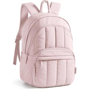 BAGSMAT Womens Backpack Travel Laptop Backpack for Women, Quilted College Laptop Bookbag, Work Back Pack for Women, Cute Computer Water-Resistant Casual Daypack, Puffer Black(05-soft Pink)