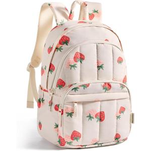 BAGSMAT Womens Backpack Travel Laptop Backpack for Women, Quilted College Laptop Bookbag, Work Back Pack for Women, Cute Computer Water-Resistant Casual Daypack, Puffer Black(16-strawberry Print)