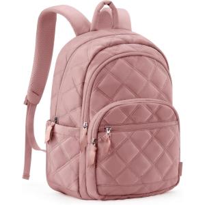 BAGSMAT Womens Backpack Travel Laptop Backpack for Women, Quilted College Laptop Bookbag, Work Back Pack for Women, Cute Computer Water-Resistant Casual Daypack, Puffer Black(12-dark Pink)