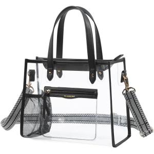 Missnine Clear Bag for Stadium Events Thick PVC Clear Tote Bag for Women with Guitar Strap for Sports Concert Beach(Adjustable Strap-black)
