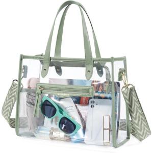 Missnine Clear Bag for Stadium Events Thick PVC Clear Tote Bag for Women with Guitar Strap for Sports Concert Beach(Adjustable Strap-green)