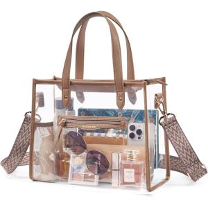 Missnine Clear Bag for Stadium Events Thick PVC Clear Tote Bag for Women with Guitar Strap for Sports Concert Beach(Adjustable Strap-tan)