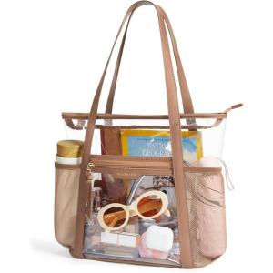 Missnine Clear Bag for Stadium Events Thick PVC Clear Tote Bag for Women with Guitar Strap for Sports Concert Beach(Classic Handles-brown)