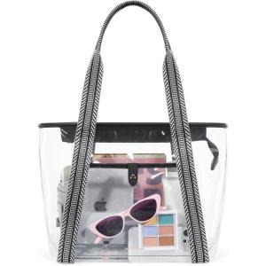 Missnine Clear Bag for Stadium Events Thick PVC Clear Tote Bag for Women with Guitar Strap for Sports Concert Beach(Jacquard Handles-black)