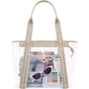 Missnine Clear Bag for Stadium Events Thick PVC Clear Tote Bag for Women with Guitar Strap for Sports Concert Beach(Jacquard Handles-khaki)