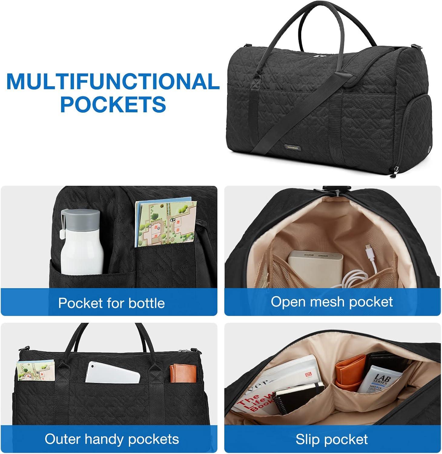 imageBAGSMART Black 40L Travel Duffle Bag with Shoes Compartment Carry On Weekender Overnight Bag for Men Women