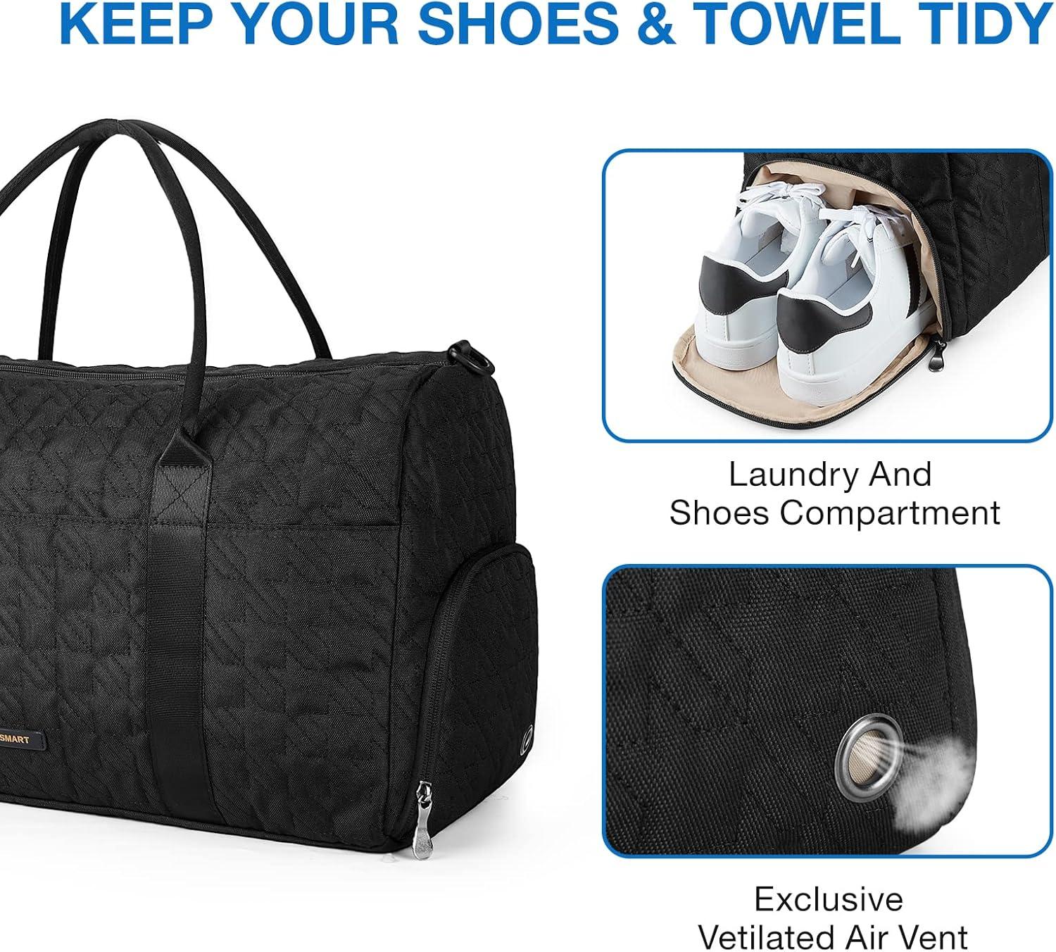 imageBAGSMART Black 40L Travel Duffle Bag with Shoes Compartment Carry On Weekender Overnight Bag for Men Women