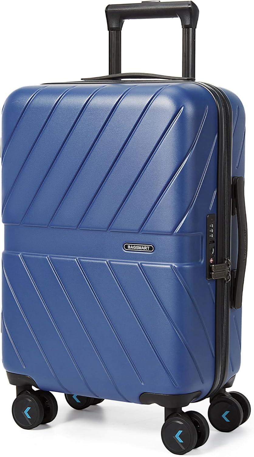 imageBAGSMART Carry On Luggage 22x14x9 Airline Approved With TSA Lock 1OO Polycarbonate Hardside Luggage with Spinner Wheels Durable Hard Shell Carry On Suitcase 20 inch BlackNavy Blue