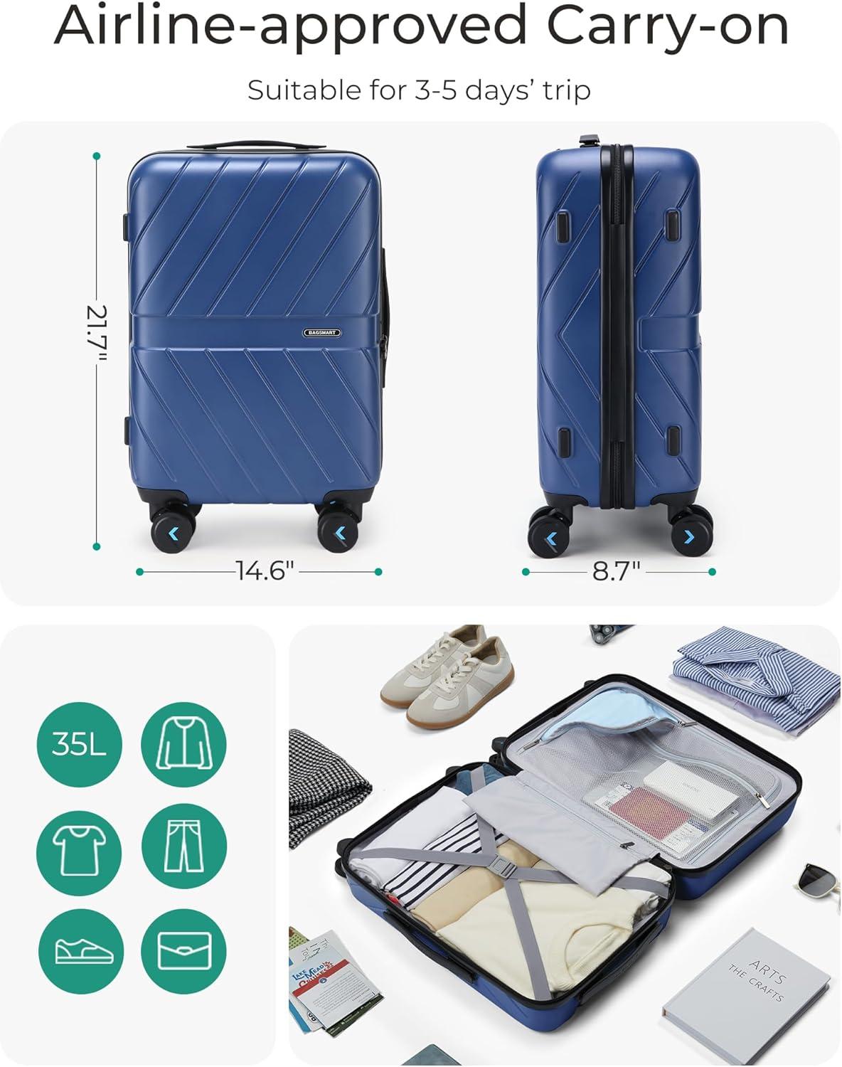 imageBAGSMART Carry On Luggage 22x14x9 Airline Approved With TSA Lock 1OO Polycarbonate Hardside Luggage with Spinner Wheels Durable Hard Shell Carry On Suitcase 20 inch BlackNavy Blue