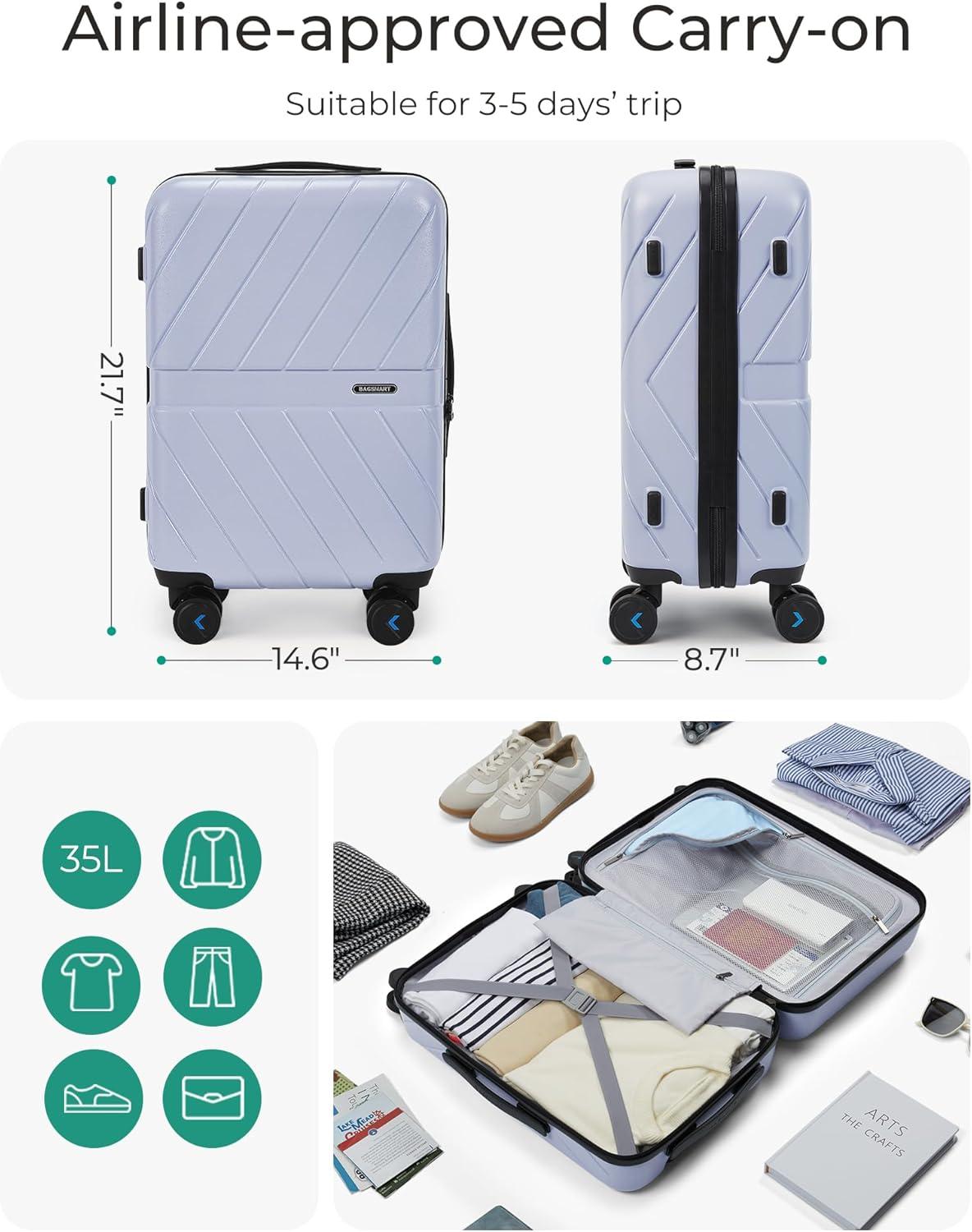 imageBAGSMART Carry On Luggage 22x14x9 Airline Approved With TSA Lock 1OO Polycarbonate Hardside Luggage with Spinner Wheels Durable Hard Shell Carry On Suitcase 20 inch BlackLilac Purple