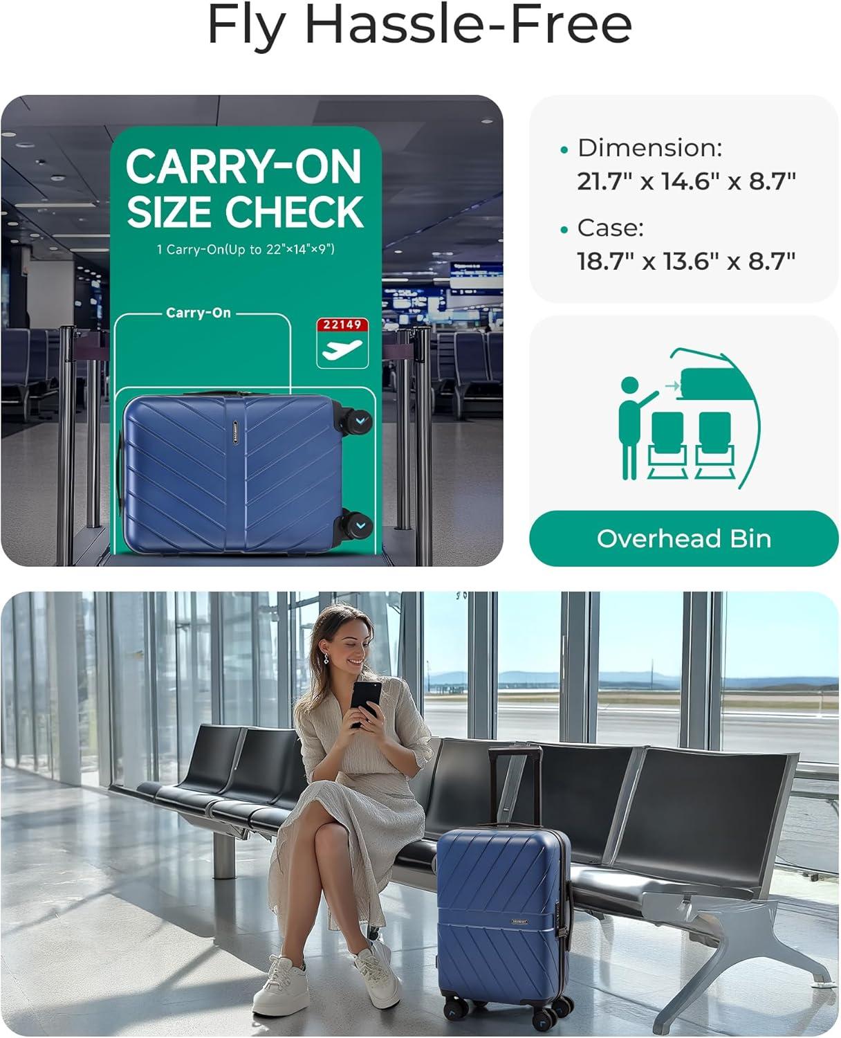 imageBAGSMART Carry On Luggage 22x14x9 Airline Approved With TSA Lock 1OO Polycarbonate Hardside Luggage with Spinner Wheels Durable Hard Shell Carry On Suitcase 20 inch BlackNavy Blue