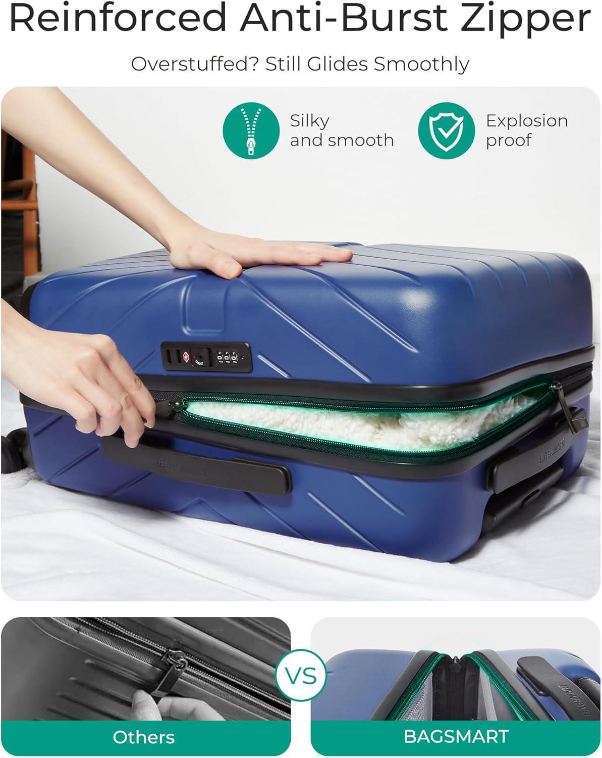 imageBAGSMART Carry On Luggage 22x14x9 Airline Approved With TSA Lock 1OO Polycarbonate Hardside Luggage with Spinner Wheels Durable Hard Shell Carry On Suitcase 20 inch BlackNavy Blue