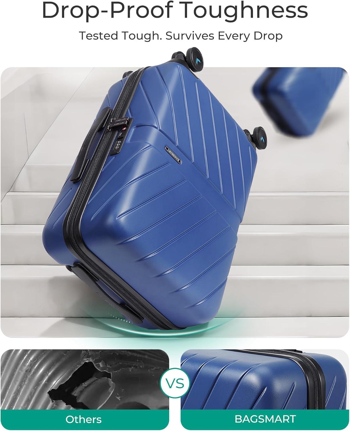 imageBAGSMART Carry On Luggage 22x14x9 Airline Approved With TSA Lock 1OO Polycarbonate Hardside Luggage with Spinner Wheels Durable Hard Shell Carry On Suitcase 20 inch BlackNavy Blue