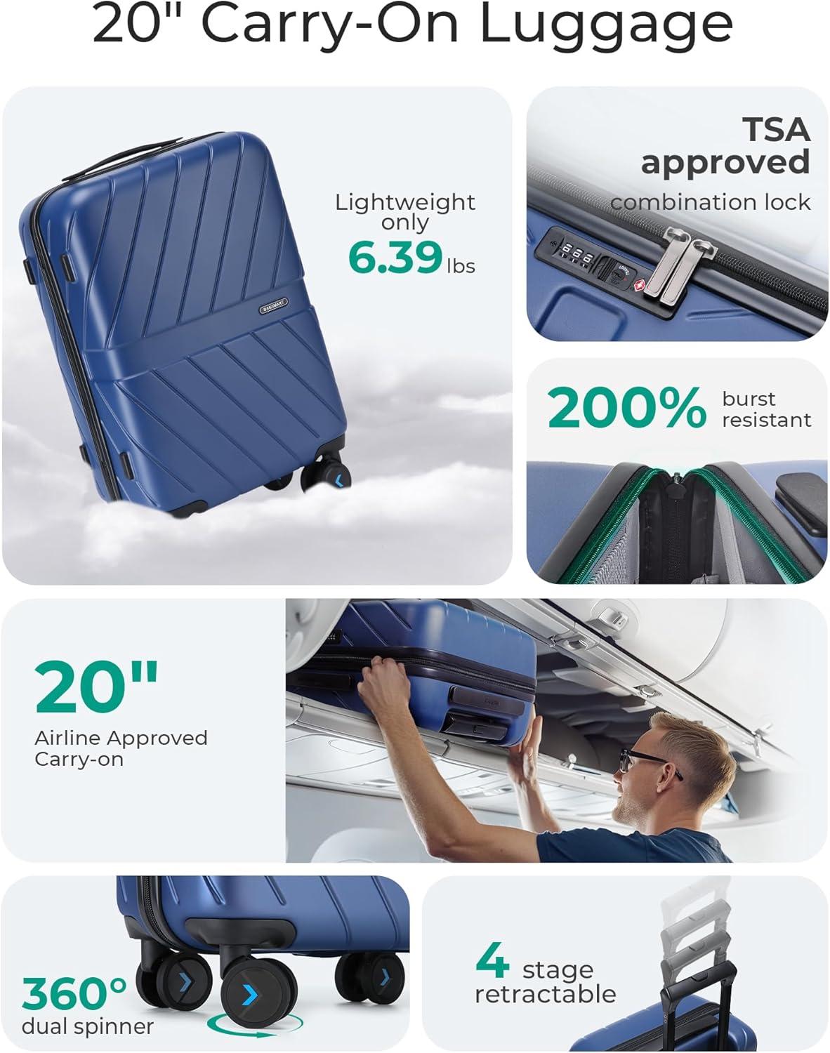 imageBAGSMART Carry On Luggage 22x14x9 Airline Approved With TSA Lock 1OO Polycarbonate Hardside Luggage with Spinner Wheels Durable Hard Shell Carry On Suitcase 20 inch BlackNavy Blue
