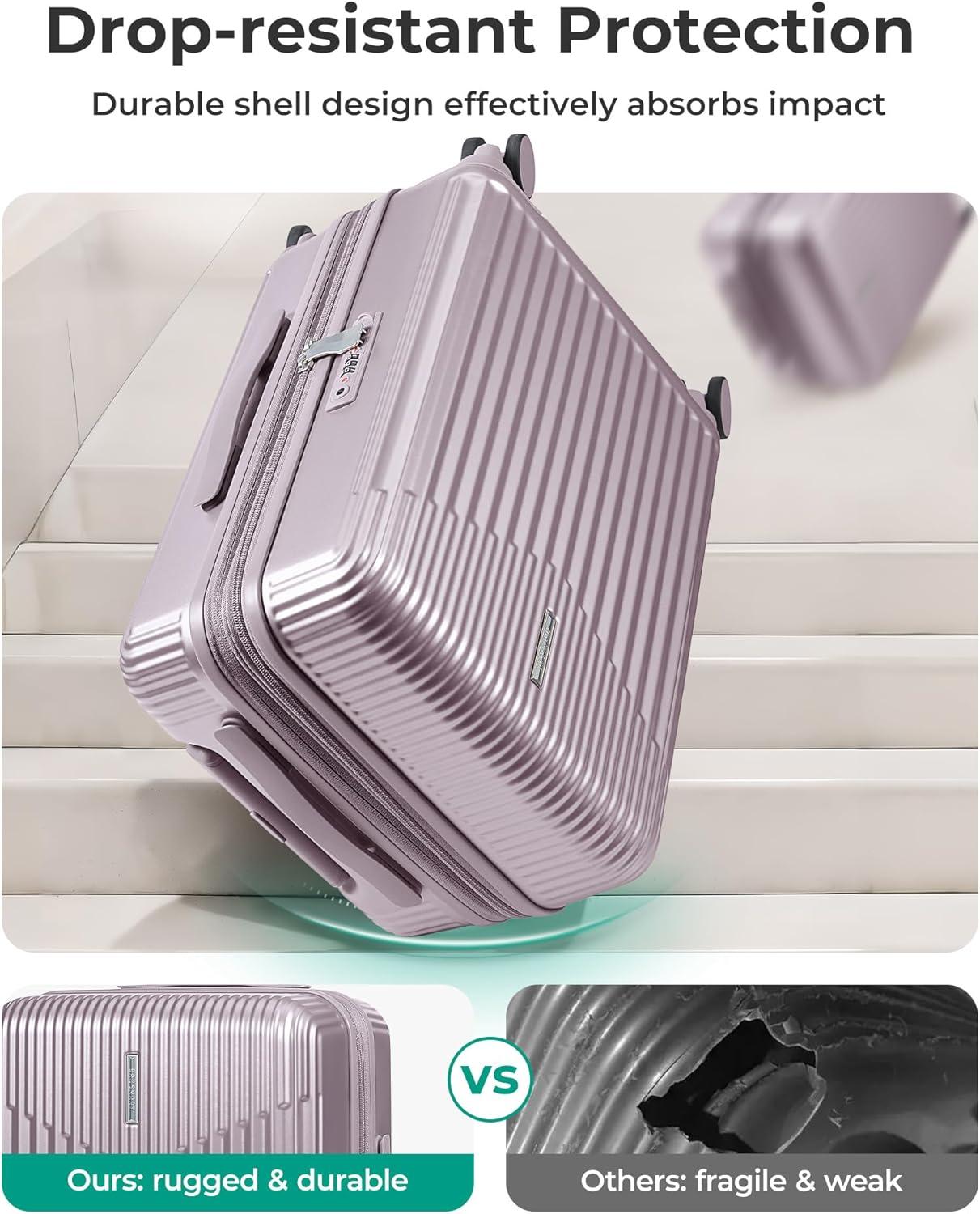 imageBAGSMART Carry On Luggage 22x14x9 Airline Approved with Spinner Wheels100 PC Hardside Expandable Luggage with TSA Lock for Trips 20 Inch Rolling Suitcases for Men WomenBeigePurple