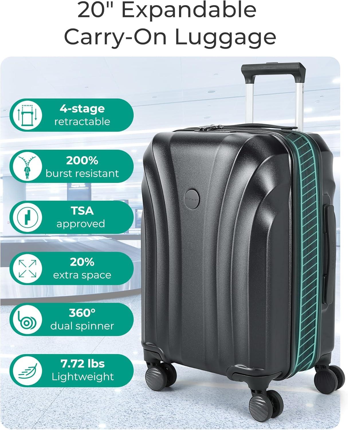 imageBAGSMART Carry On Luggage 22x14x9 Airline Approved with TSA Lock Expandable Hard Shell Suitcase with Spinner Wheels Lightweight 20 Inch Travel Rolling CarryOn Luggage BlackBlack