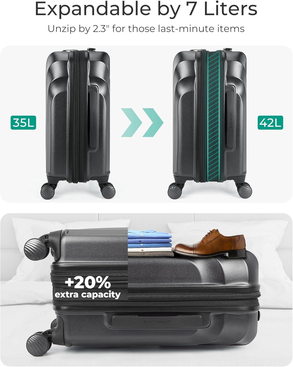 imageBAGSMART Carry On Luggage 22x14x9 Airline Approved with TSA Lock Expandable Hard Shell Suitcase with Spinner Wheels Lightweight 20 Inch Travel Rolling CarryOn Luggage BlackBlack