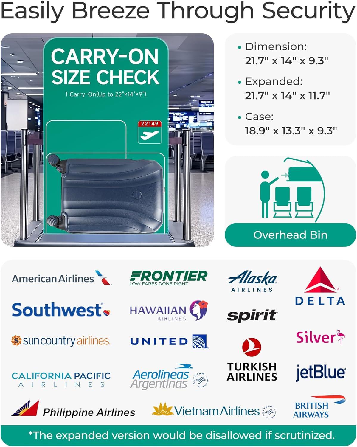 imageBAGSMART Carry On Luggage 22x14x9 Airline Approved with TSA Lock Expandable Hard Shell Suitcase with Spinner Wheels Lightweight 20 Inch Travel Rolling CarryOn Luggage BlackDark Blue