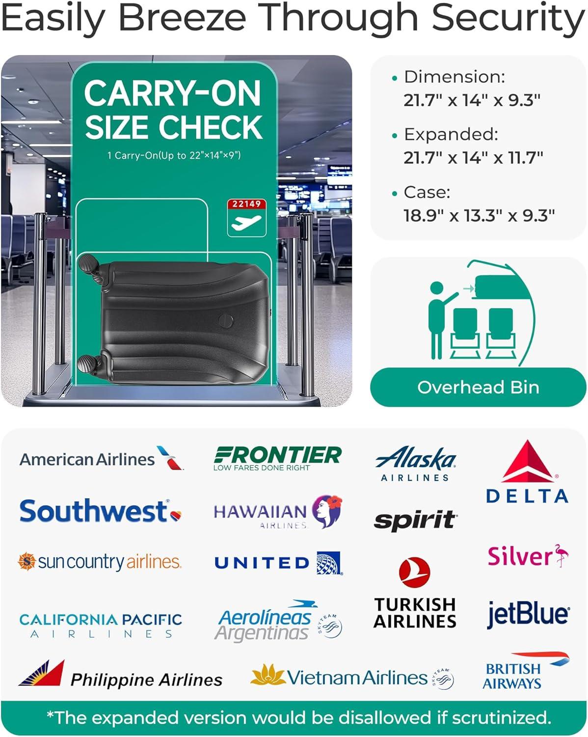 imageBAGSMART Carry On Luggage 22x14x9 Airline Approved with TSA Lock Expandable Hard Shell Suitcase with Spinner Wheels Lightweight 20 Inch Travel Rolling CarryOn Luggage BlackBlack
