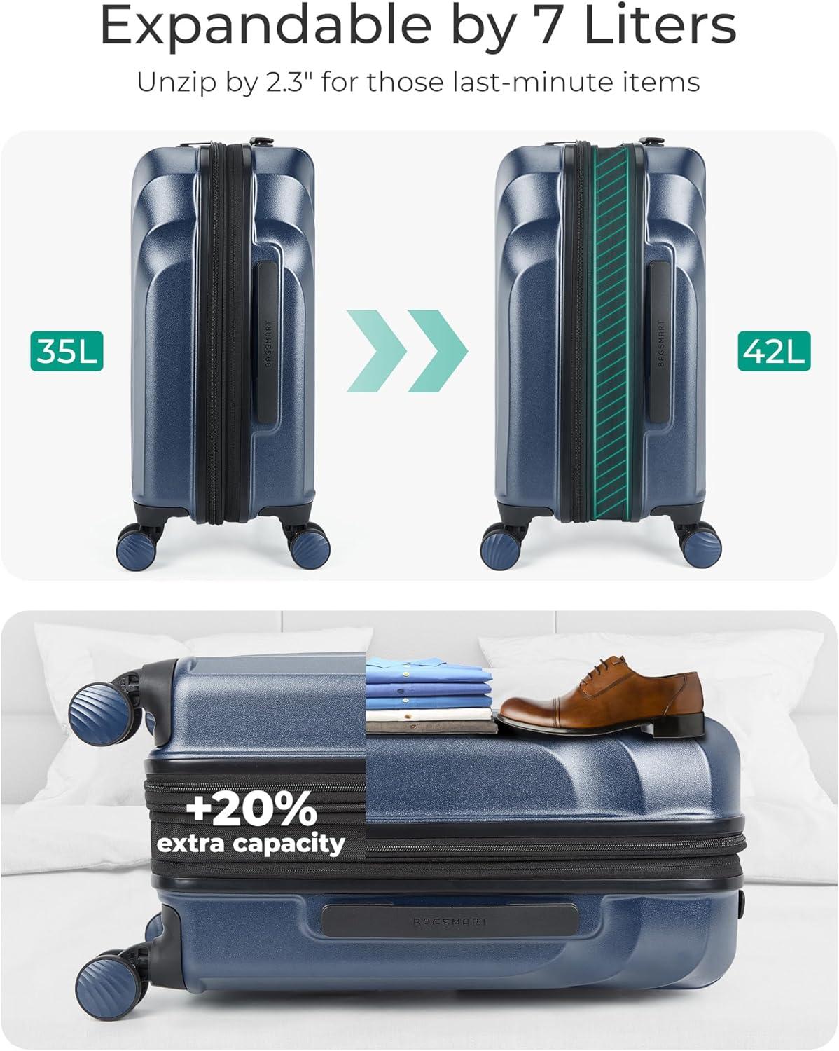 imageBAGSMART Carry On Luggage 22x14x9 Airline Approved with TSA Lock Expandable Hard Shell Suitcase with Spinner Wheels Lightweight 20 Inch Travel Rolling CarryOn Luggage BlackDark Blue