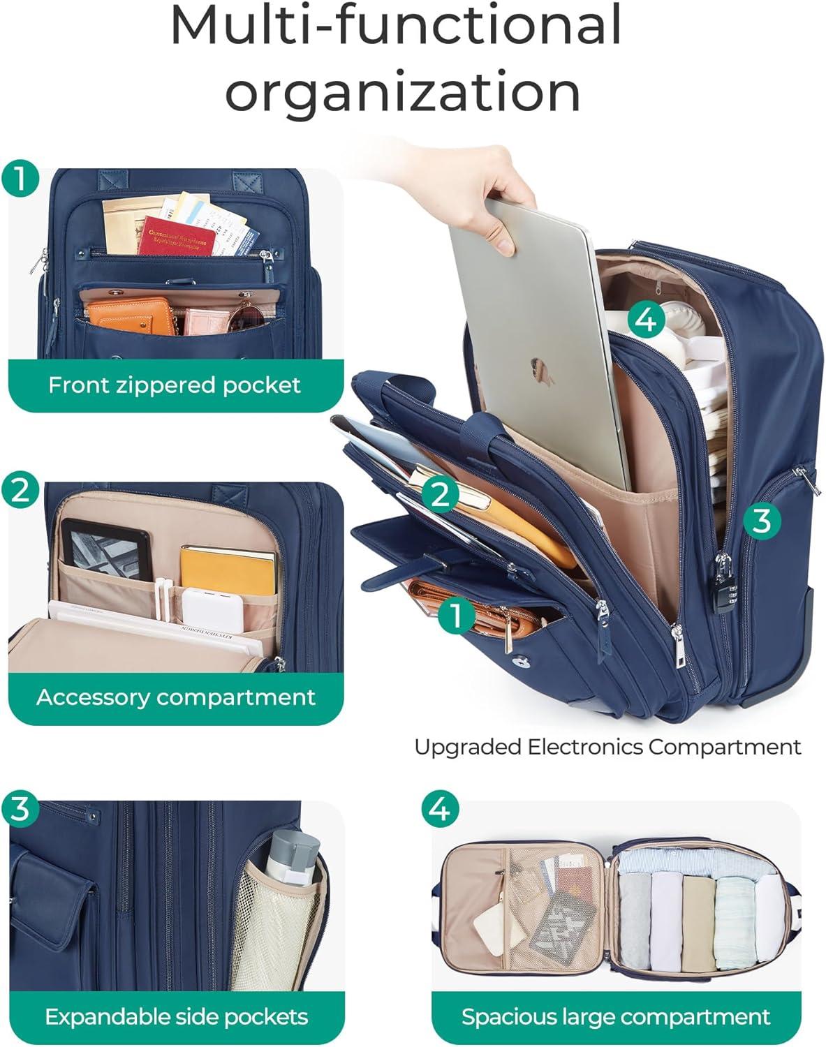 imageBAGSMART Carry on Luggage with Wheels 16inch Underseat Travel Suitcase Airline approved Lightweight Softside Carryon Luggage for Airplanes Women Overnight Rolling Bags for Short Trip Light BeigeBlue