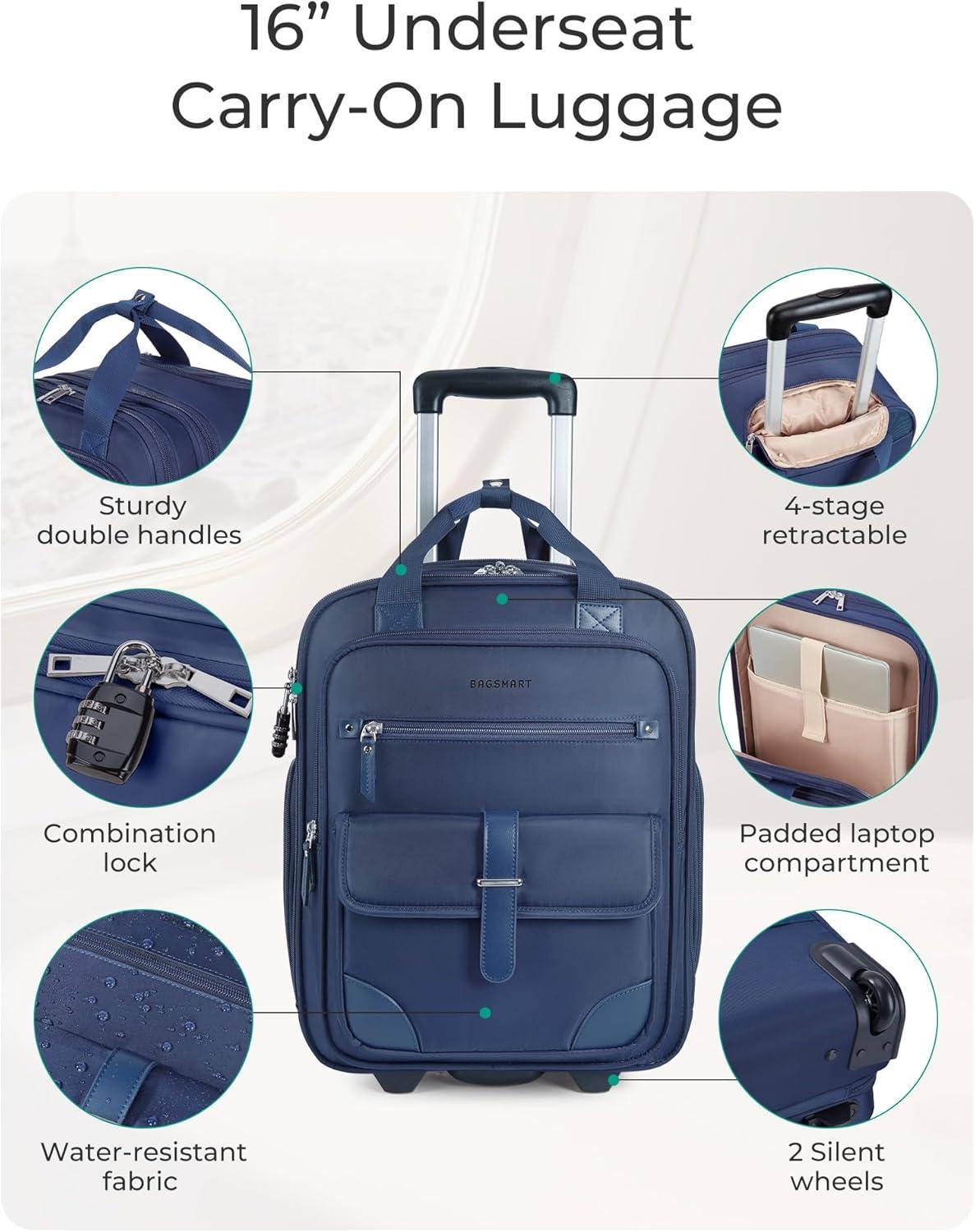 imageBAGSMART Carry on Luggage with Wheels 16inch Underseat Travel Suitcase Airline approved Lightweight Softside Carryon Luggage for Airplanes Women Overnight Rolling Bags for Short Trip Light BeigeBlue