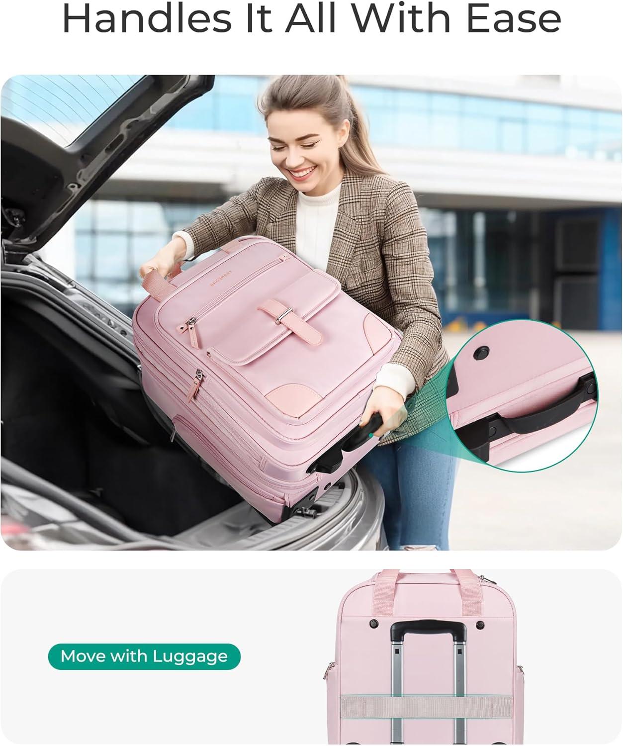 imageBAGSMART Carry on Luggage with Wheels 16inch Underseat Travel Suitcase Airline approved Lightweight Softside Carryon Luggage for Airplanes Women Overnight Rolling Bags for Short Trip Light BeigePink