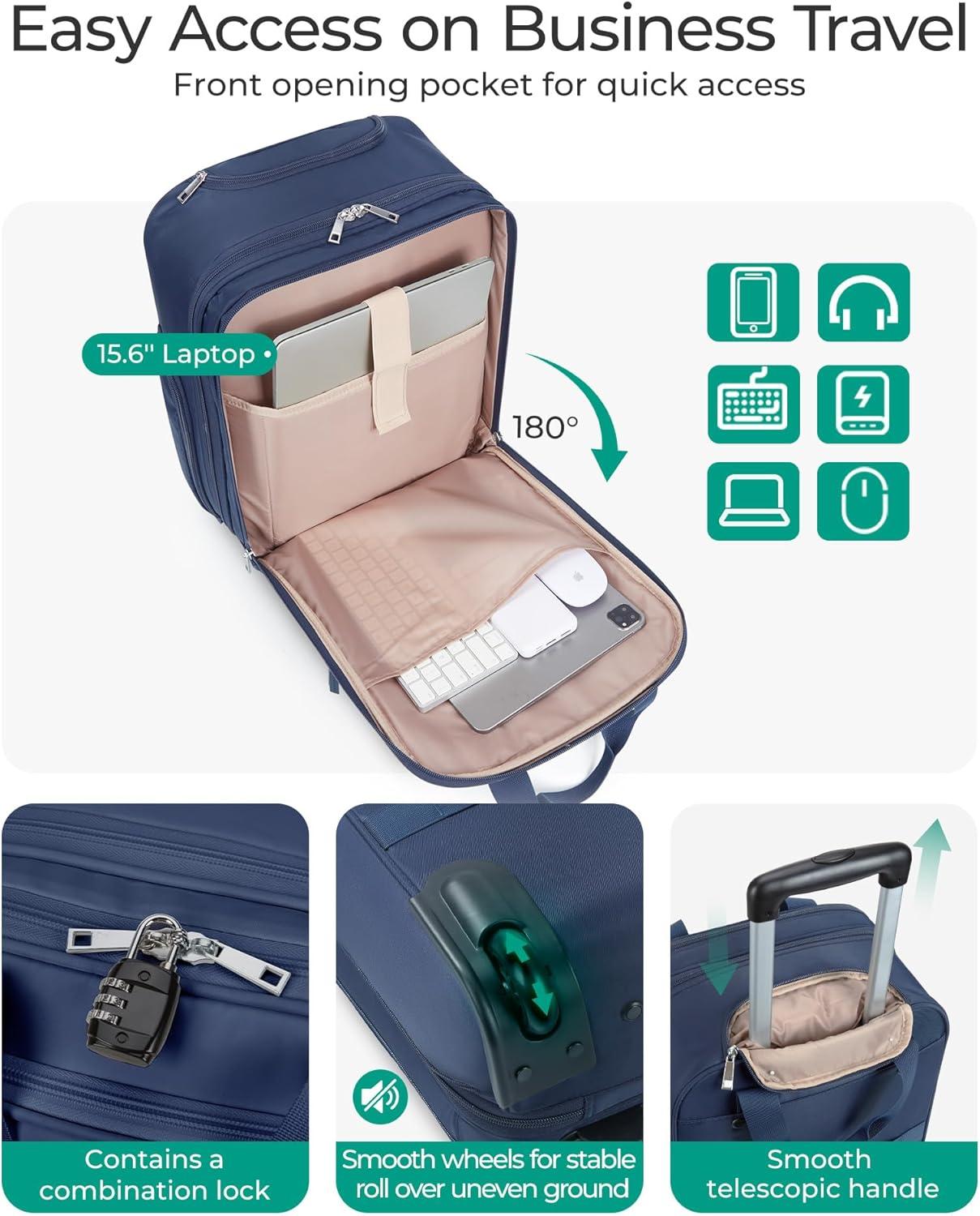 imageBAGSMART Carry on Luggage with Wheels 16inch Underseat Travel Suitcase Airline approved Lightweight Softside Carryon Luggage for Airplanes Women Overnight Rolling Bags for Short Trip Light BeigeBlue