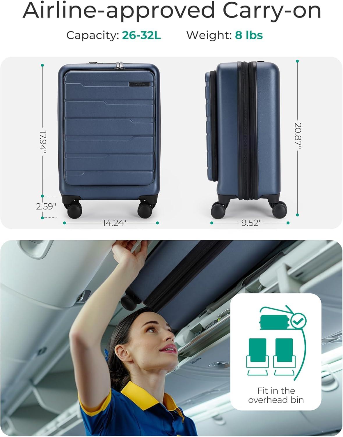 imageBAGSMART Expandable Carry On Luggage 22x14x9 Airline Approved 20 Inch Suitcase with Spinner Wheels Charging Ports TSA Lock Hard Shell Front Opening for Men Women Travel Business BlueBlue