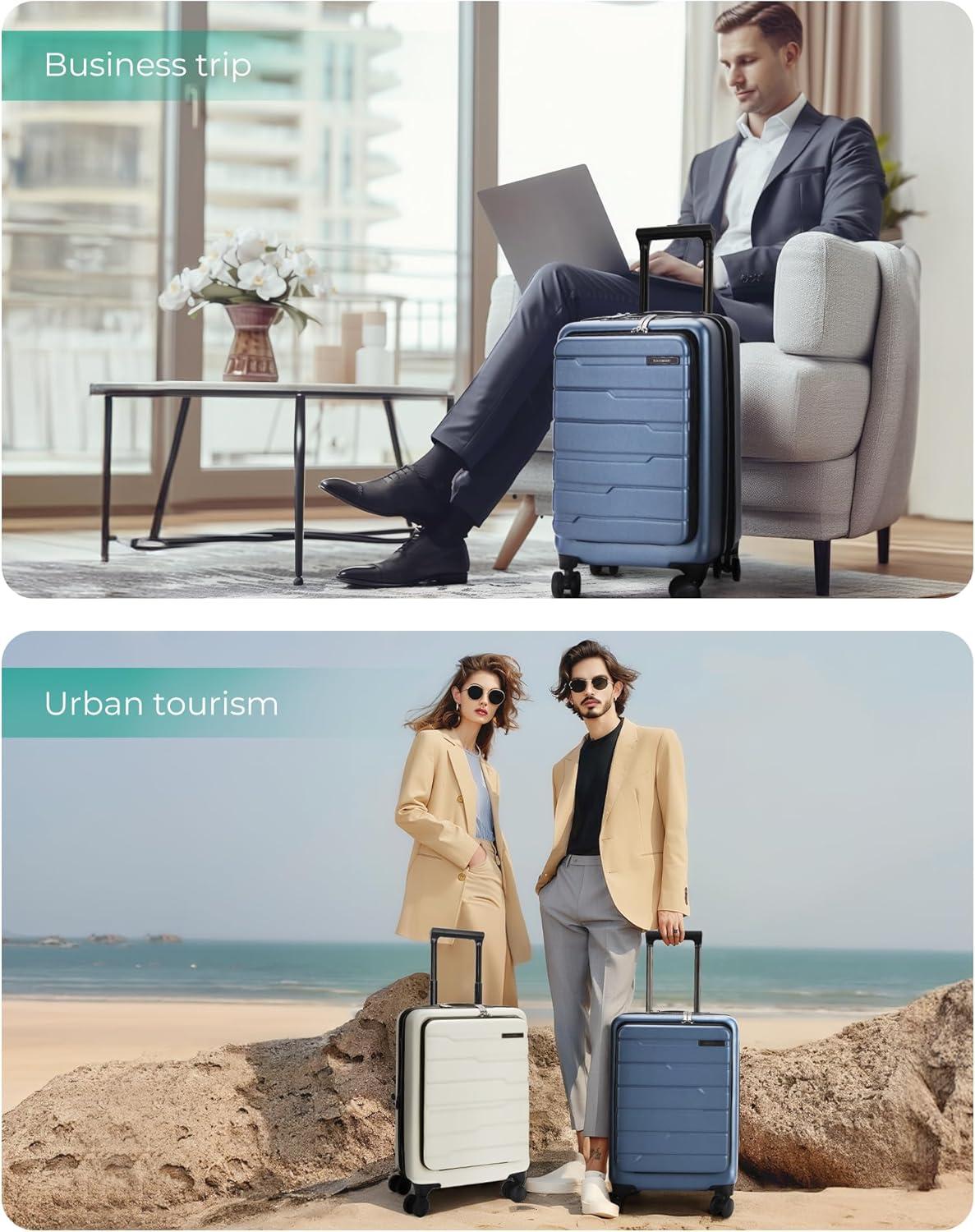imageBAGSMART Expandable Carry On Luggage 22x14x9 Airline Approved 20 Inch Suitcase with Spinner Wheels Charging Ports TSA Lock Hard Shell Front Opening for Men Women Travel Business BlueBlue