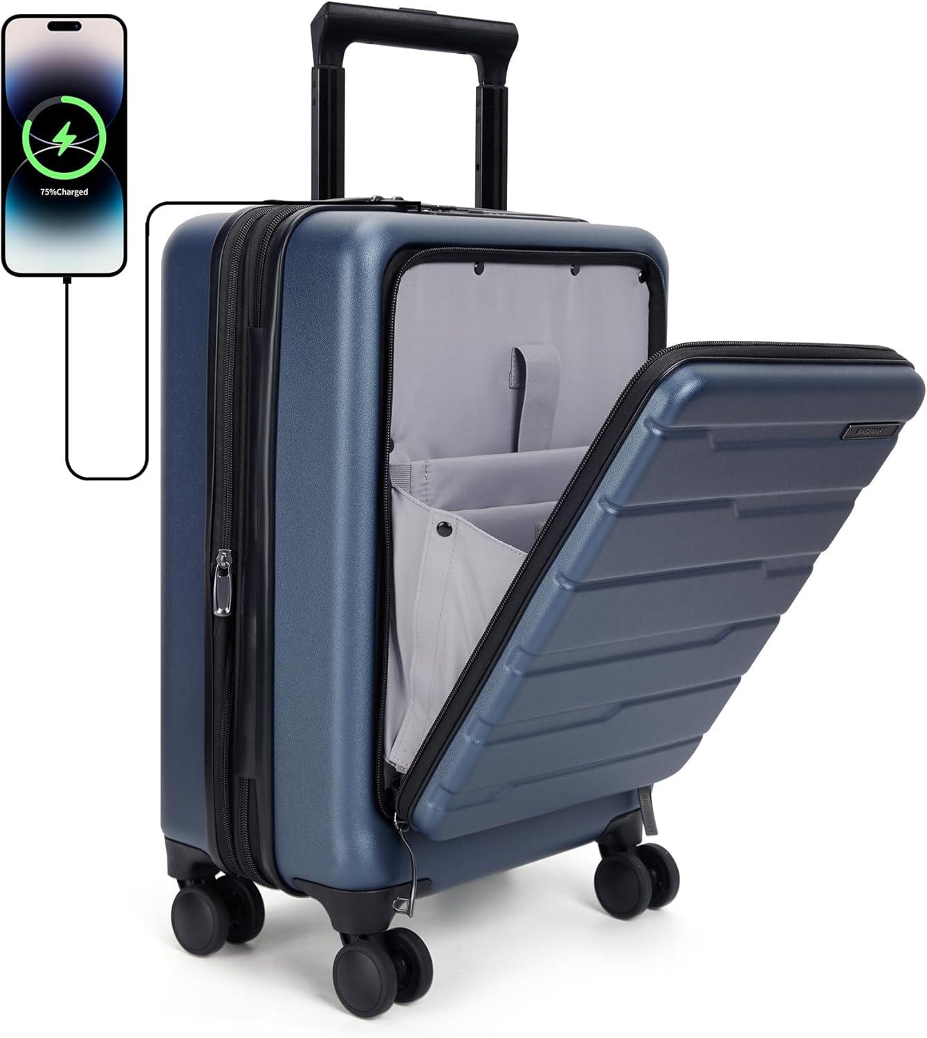 imageBAGSMART Expandable Carry On Luggage 22x14x9 Airline Approved 20 Inch Suitcase with Spinner Wheels Charging Ports TSA Lock Hard Shell Front Opening for Men Women Travel Business BlueBlue