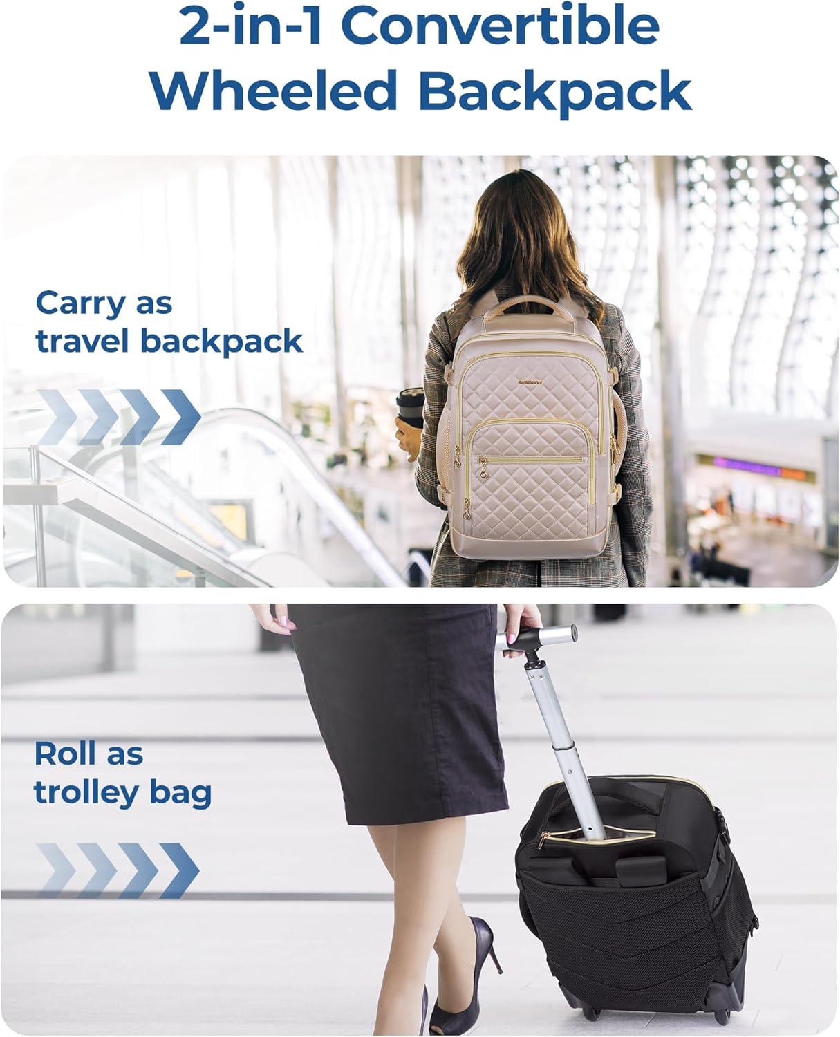 imageBAGSMART Rolling Backpack for Women Travel CarryOn Backpack with Wheels 17 Inch Large Roller Wheeled Daypack with Two Packing Cubes BlackBlack