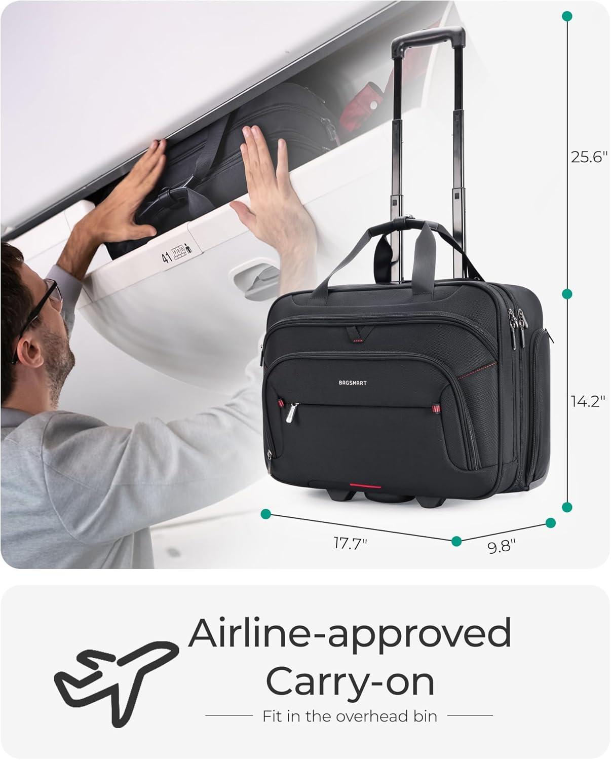 imageBAGSMART Rolling Laptop Bag Briefcase with Wheels Fits 173 Inch Laptop Computer Overnight Rolling Bag with TSA Lock for TravelMenWomen Black