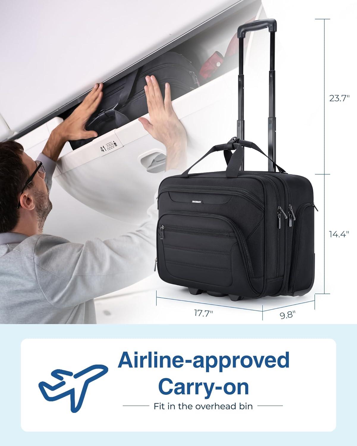 imageBAGSMART Rolling Laptop Bag Wheeled Briefcase Fits 173 Inch Laptop Overnight Roller Case with TSA Lock Computer Bag for TravelMenWomen Black