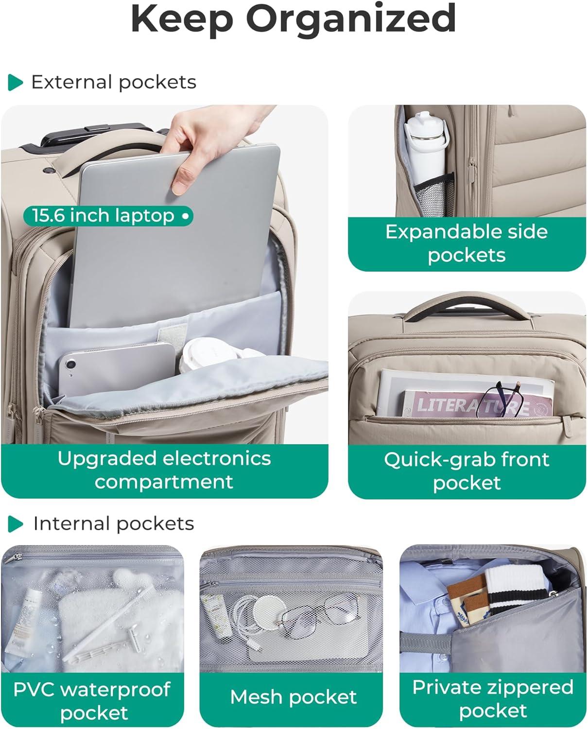 imageBAGSMART Underseat Carry on Luggage with Wheels Soft Small Travel Luggage with PVC WetDry Pockets Lightweight Soft Personal Item Suitcase for Short TripCamerCamel