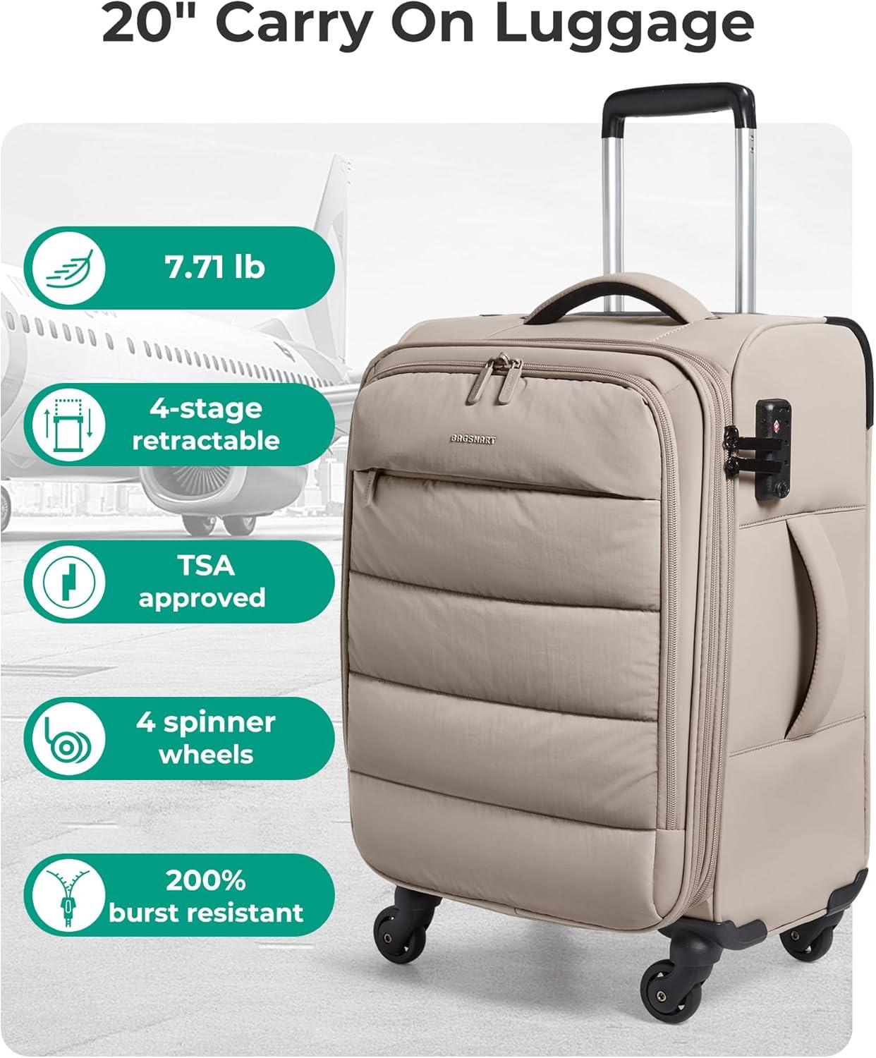 imageBAGSMART Underseat Carry on Luggage with Wheels Soft Small Travel Luggage with PVC WetDry Pockets Lightweight Soft Personal Item Suitcase for Short TripCamerCamel