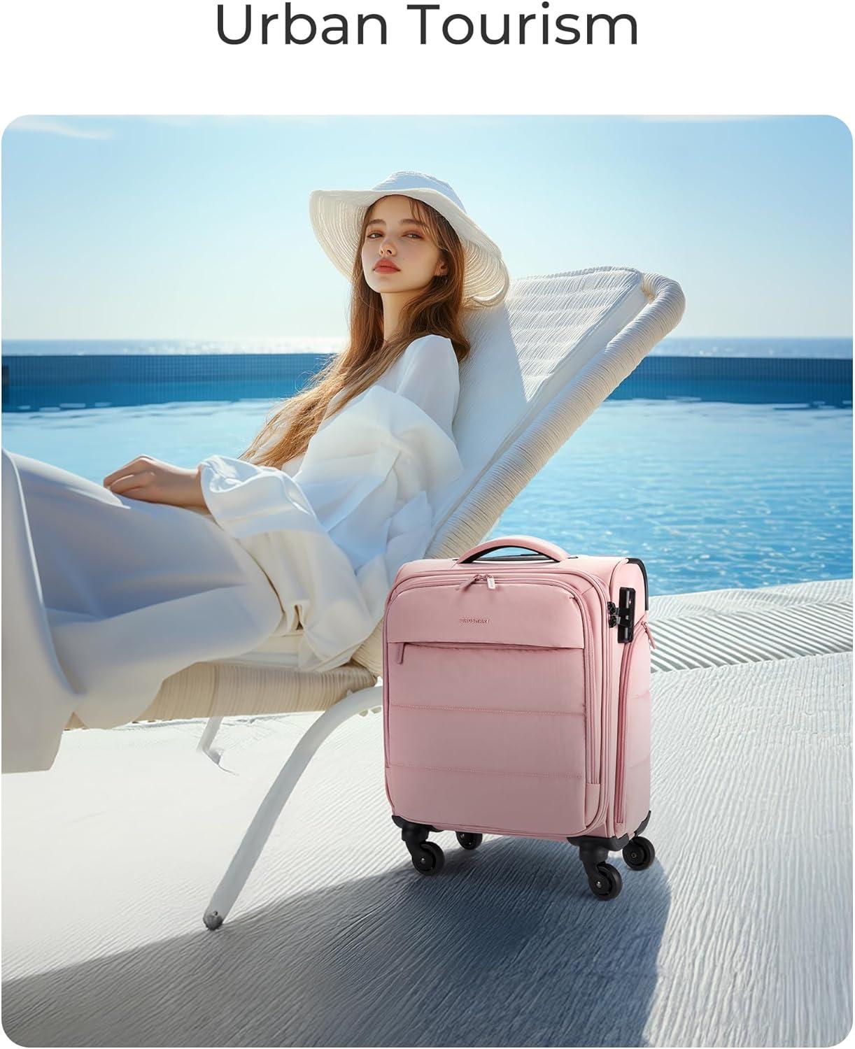 imageBAGSMART Underseat Carry on Luggage with Wheels Soft Small Travel Luggage with PVC WetDry Pockets Lightweight Soft Personal Item Suitcase for Short TripCamerSakura Pink