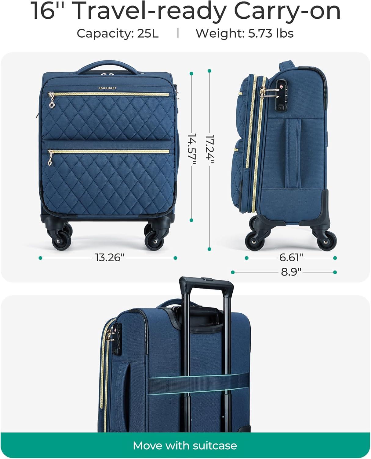 imageBAGSMART Underseater Carry On Luggage Airline Approved with Spinner Wheels 16 Inch Small Luggage with TSA Lock Overnight Small Rolling Softside Suitcases for Women Navy BlueUnderseatNavy Blue